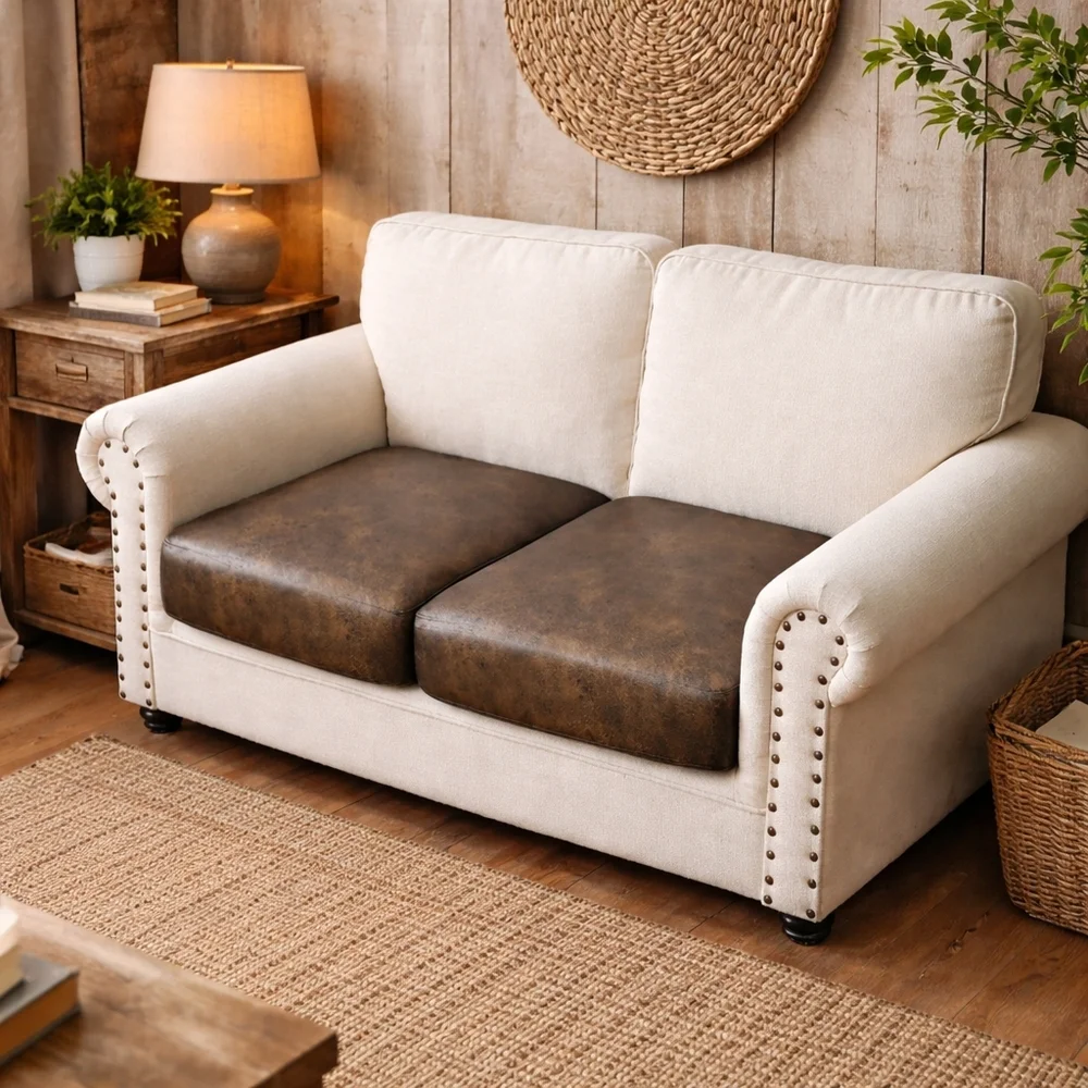 Faux Leather Cushion Covers Set of 2 Brown Stretch Sofa Seat Covers Rustic Farmh